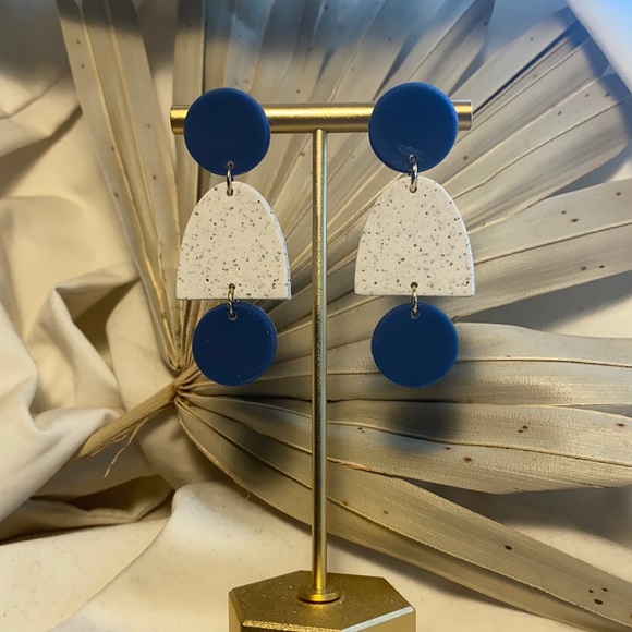 Blue/White Granite Polymer Clay Earrings - Picture 1 of 2